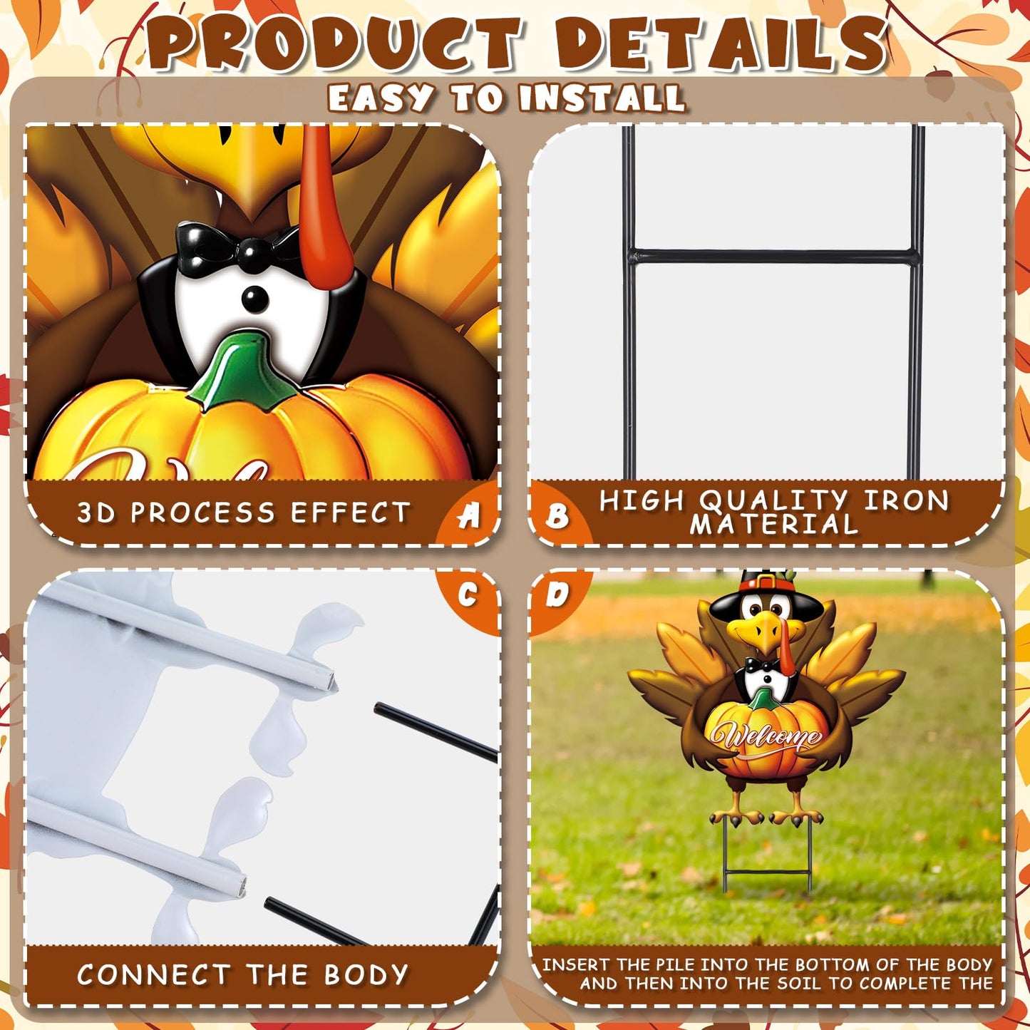 Quzzil 4 Pcs Thanksgiving Turkey Metal Yard Decorations Outdoor Pilgrim Turkey Decorative Garden Stakes With Stakes Large Fall Pumpkin Yard Sign for Thanksgiving Autumn Farmhouse Patio Outdoor