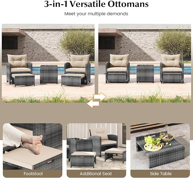 Tangkula 5 Pieces Patio Conversation Set, PE Wicker Rattan Outdoor Furniture Set