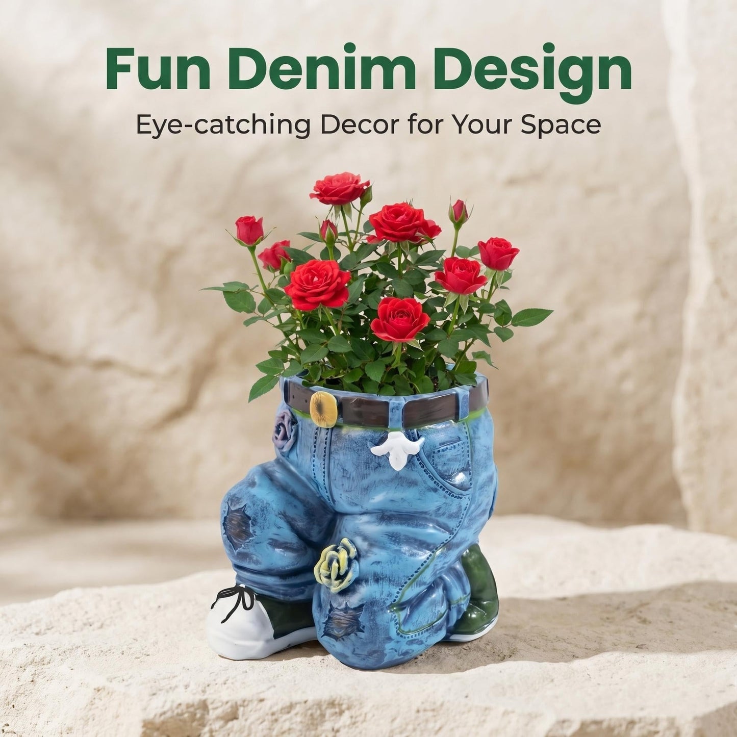 Doudouhua Creative Outdoor Planter,Flower Pot, Resin Cute Planters, Jeans Shape Garden Figurines Planter for Home Lawn Yard Outside Decor.Creative Outdoor Planter Flower Pot (Kneel Down on one Knee)