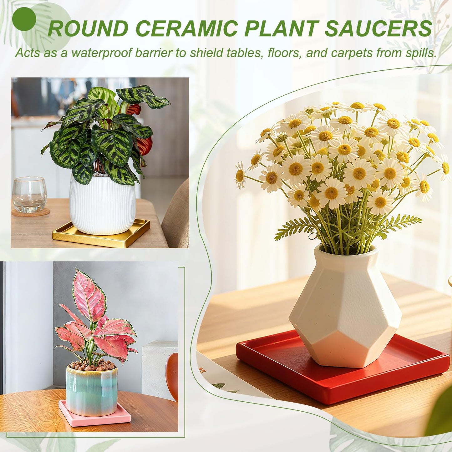 YELARXI 7.5 Inch Ceramic Plant Saucers, Square Flower Planter Water Trays Ceramic Plant Saucer Pot Tray -Fitting for (Outdoor/Indoors/Garden/Planting/Water/Flower/Coffee) Beige