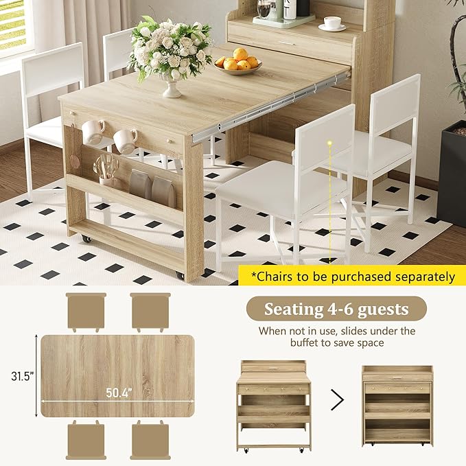 Spaco 2-in-1 Folding Dining Table and Buffet Cabinet Set, Compact Pull-Out