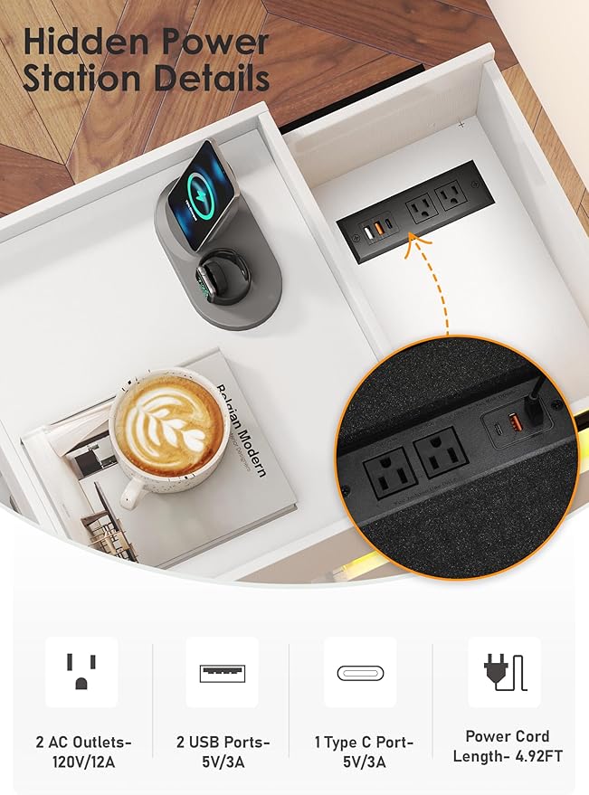 Turosur LED Night Stand with Gun Drawer, Smart Nightstand with Hidden Charging