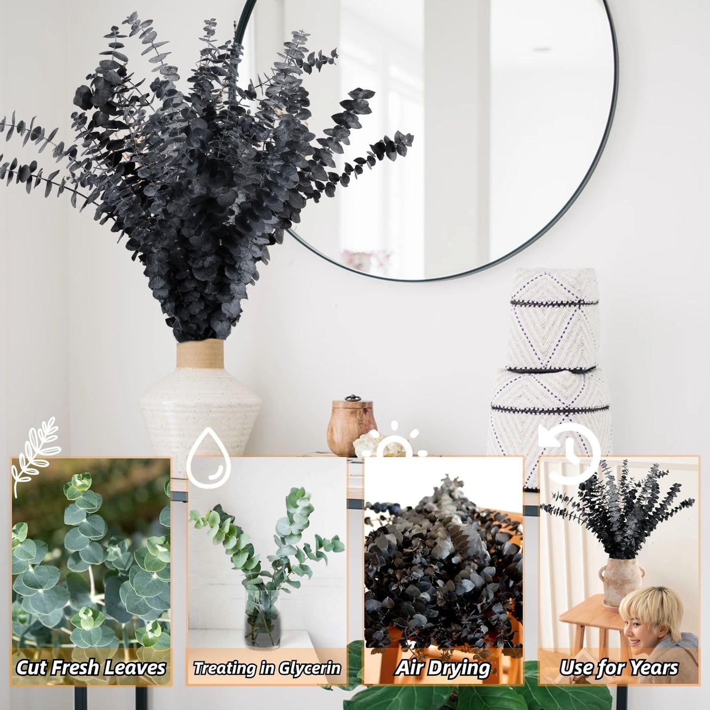 15pcs Real Black Eucalyptus Stems - Black Flowers and 17 Inch Preserved Natural Eucalyptus Leaves Branches for Flower Arrangement DIY and Home Decor Halloween Farmhouse Vase Decoration