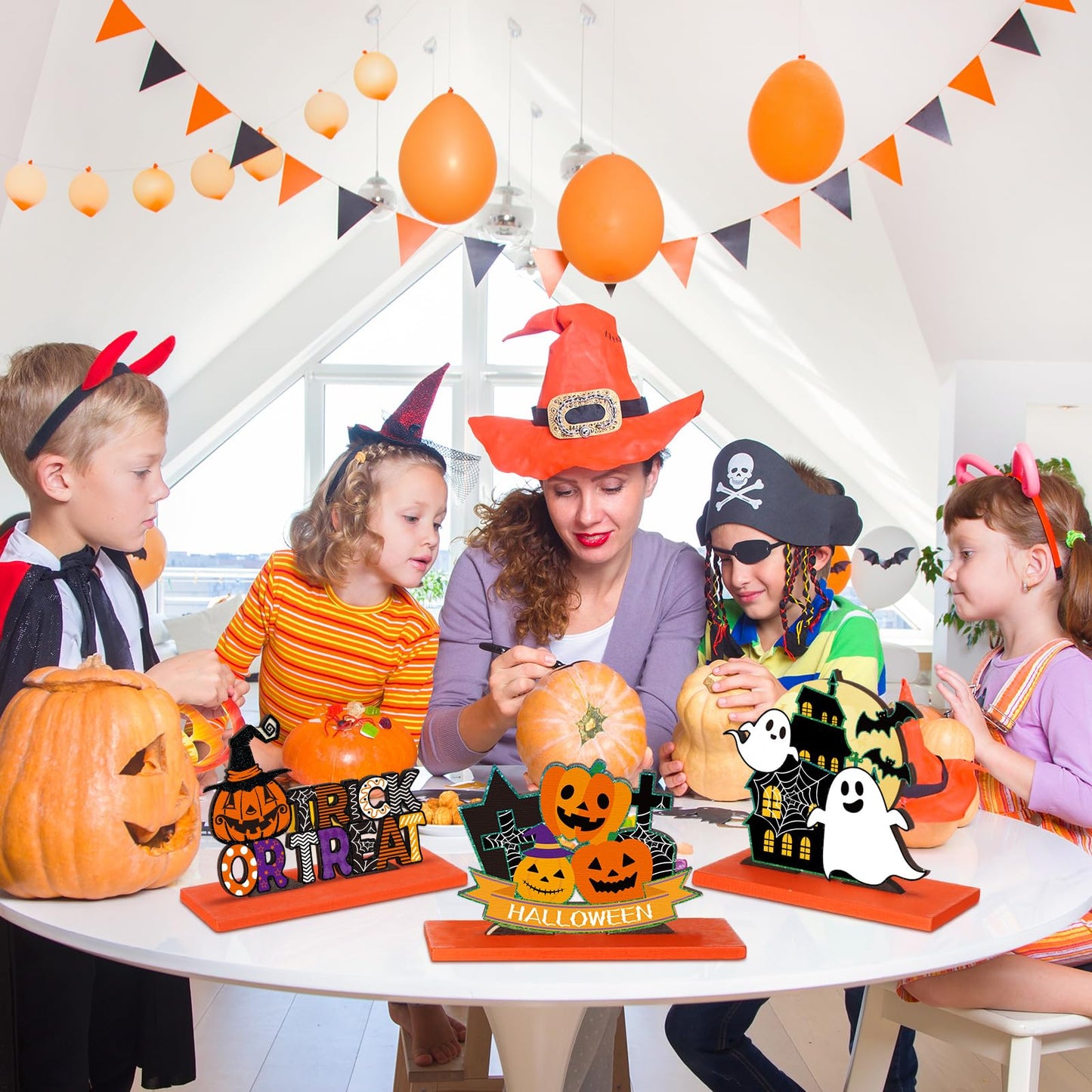 Hoolerry 6 Pieces Halloween Table Decorations Pumpkin Ghost Witch Hat Table Centerpiece Trick or Treat Table Topper Signs for Halloween Table Party Living Room Kitchen Office Bar Decorations