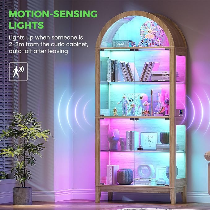 HNEBC Arched Display Case with RGB Lights, LED Curio Cabinet with Shelf