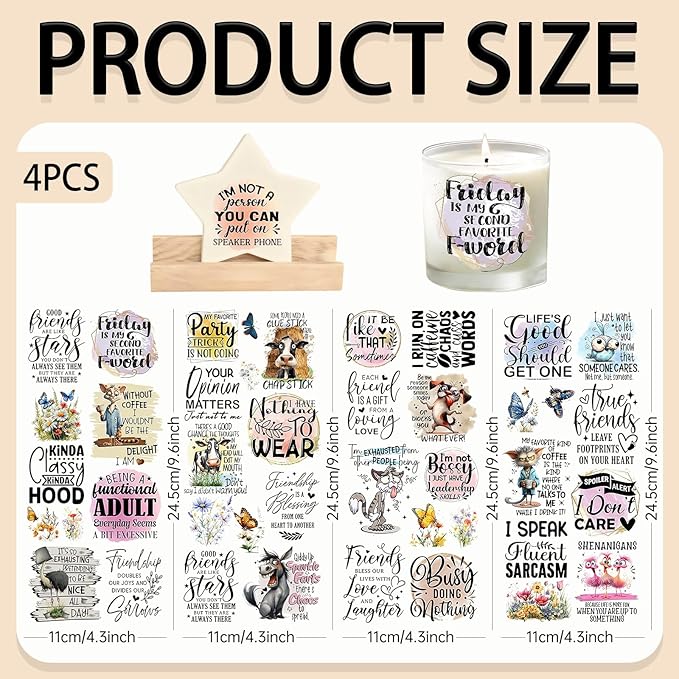 4 Sheets Rub on Transfers for Crafts, Animal Satirical Quotes Furniture