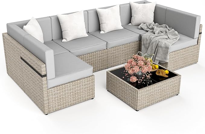 Pamapic 7 Piece Outdoor Sectional Furniture Set, All-Weather Wicker Patio