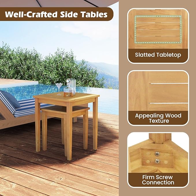 Tangkula 2 Pieces Patio Nesting Table, Teak Wood Outdoor Space Saving Design