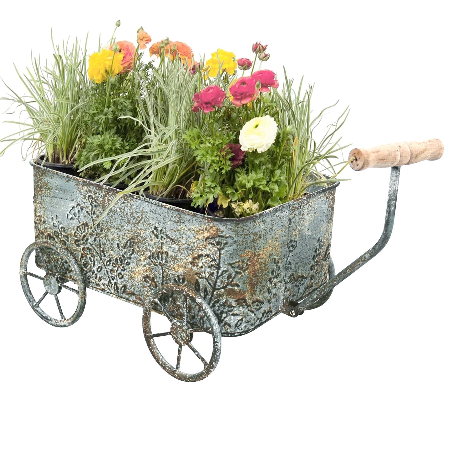 Zokyntrix Flower Cart with Wooden Handles, Metal Wagon Planters for Outdoor Plants, Garden Planter with Wagon Wheels, Decorative Wheelbarrow, Plant Cart for Patio Garden Balcony (Blue)