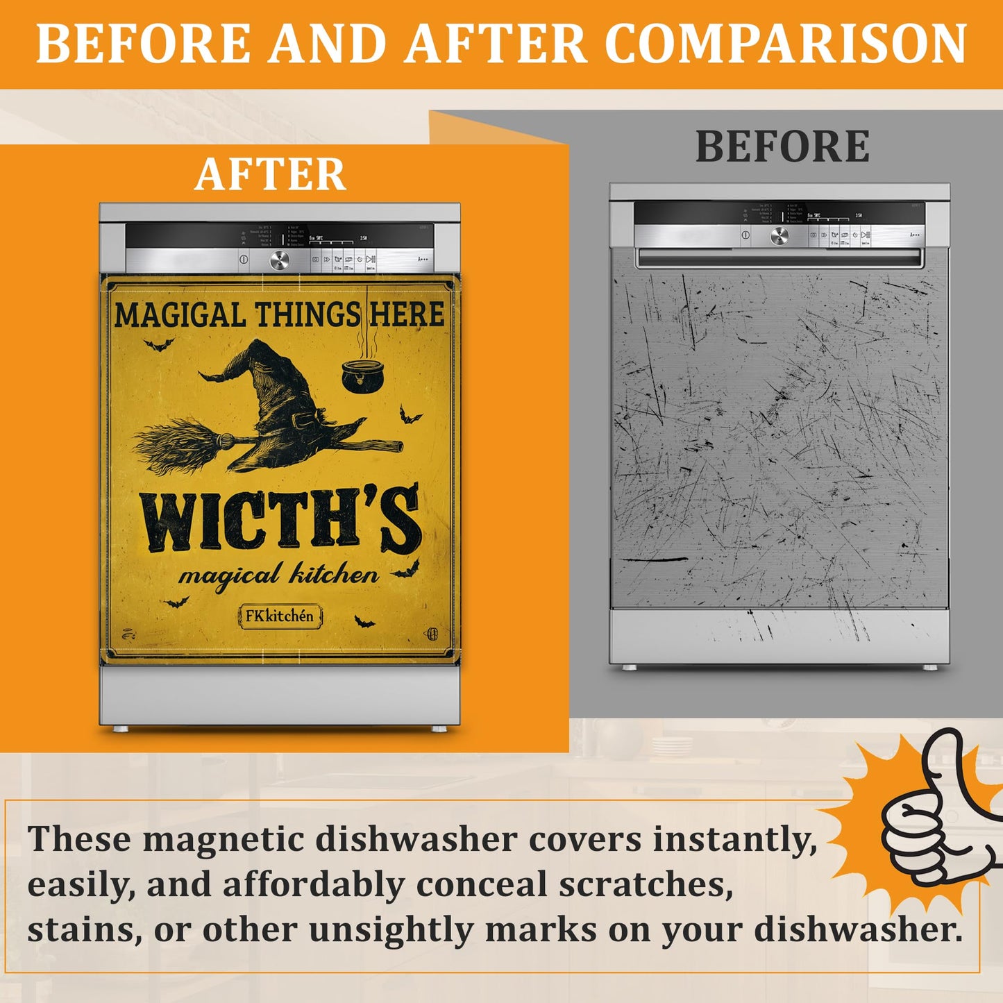 Halloween Witch Dishwasher Cover Magnet, 23 x 26 Inch Trimmable Magnetic Sticker for Dishwasher Front Panel, Easy Clean Decor for Fridge
