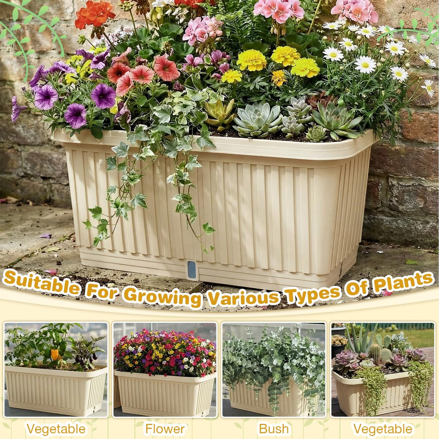 RimCereal 3 Pcs Large Planter Boxes Deep Rectangular Planter Boxes Outdoor Lightweight Plastic Planting Flower Pot with Drainage Holes Plant Pot for Patio, Courtyard, Lawn, Outdoor(Beige,20 Inches)