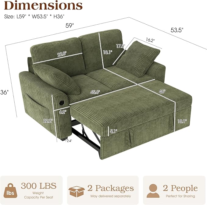 Ihanherry 59-inch Corduroy Convertible Sofa Bed