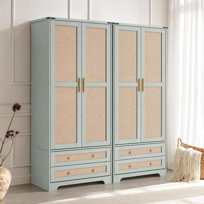 Brafab Armoire Wardrobe Closet with 2 Rattan Doors, 71" Vintage Blue Tall Freestanding Coat Closets with Drawers and Hanging Rail, Wooden Armoires Storage Cabinet with Shelf for Bedroom