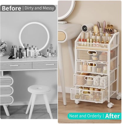 HapiRm Rolling Makeup Cart Organizer - Under Desk Makeup Storage with Wheels, Floor Make up Cart Skincare Organizers Desk Vanity Storage Organizer Cabinet for Cosmetics Makeup Brush Hair Tool, White