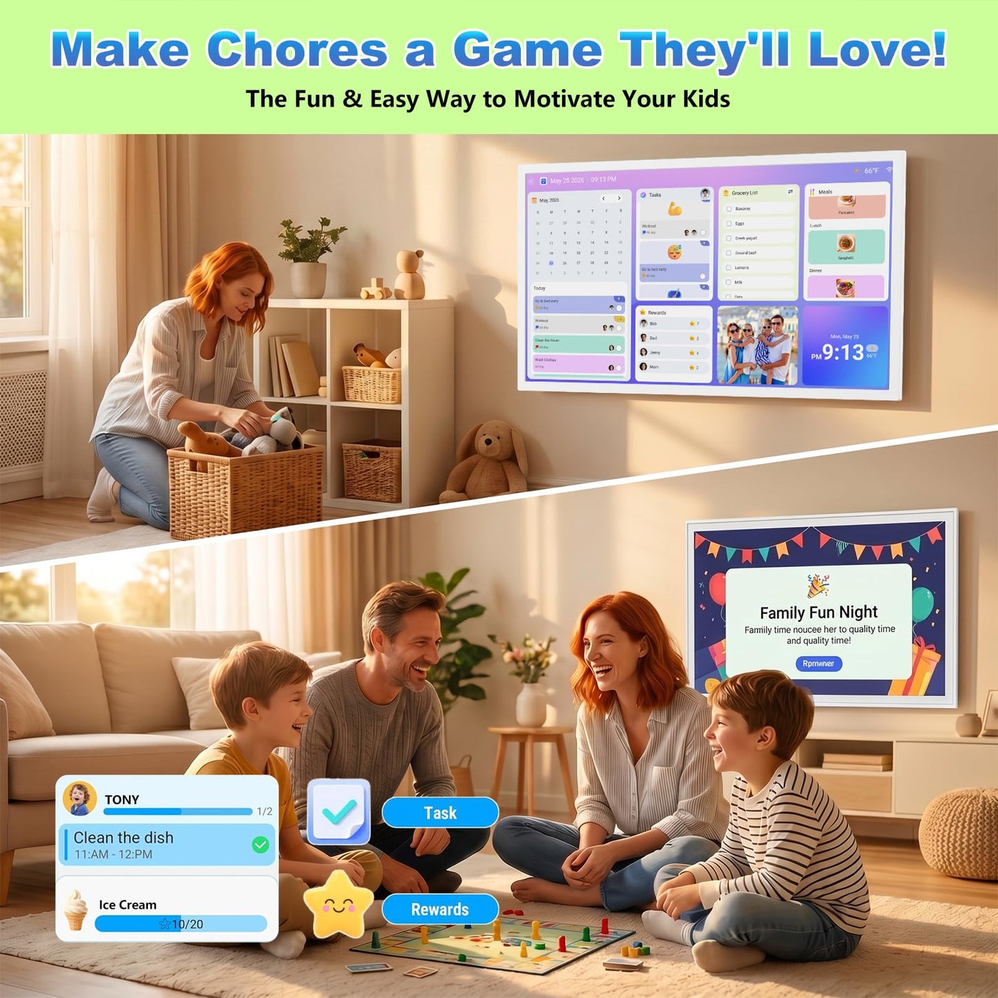 32" Digital Calendar Chore-Chart for-Wall-Planner - Interactive Touchscreen Display Electronic Calendar Picture Frame, Star Reward, Sync Google iCloud Outlook Calendar, Gifts for Mom, Wall Mount White
