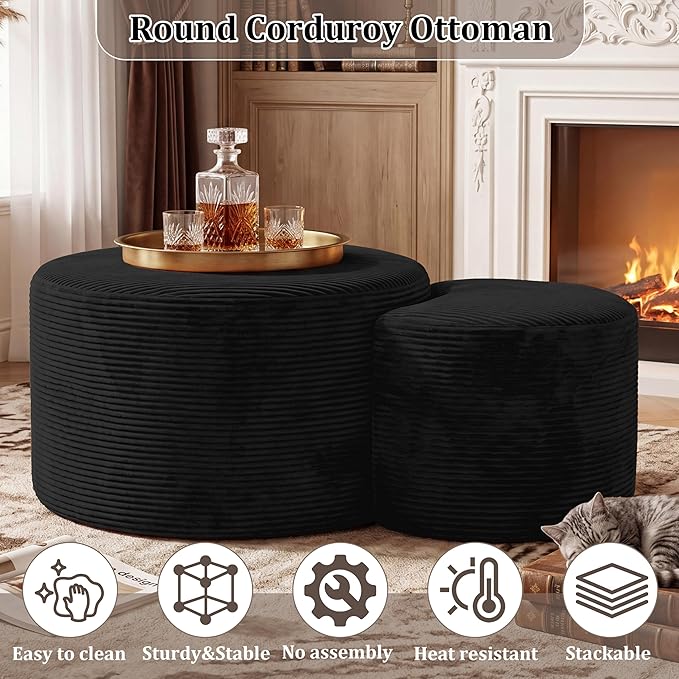 BSHOMGI Boneless Ottoman Nesting Coffee Table Set of 2, Corduroy Soft Foot Rest