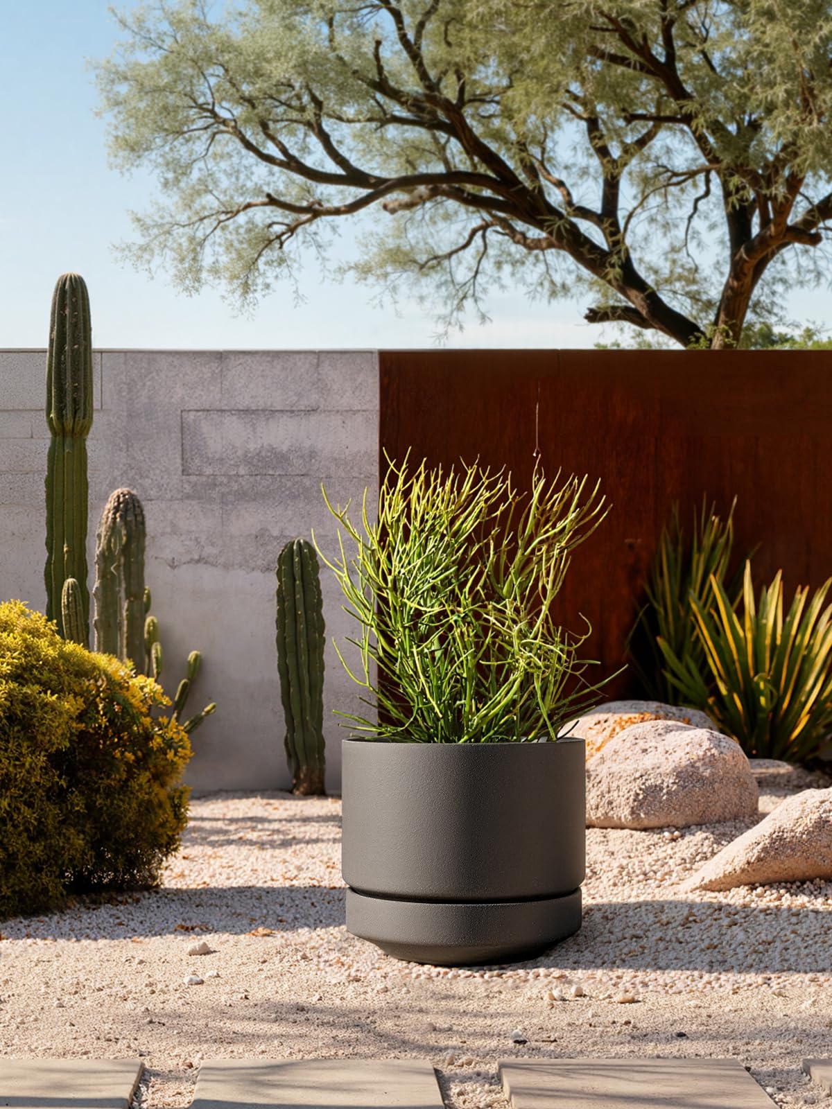 LE TAUCI 14 Inch Large Plant Pot with Saucer, Ceramic Outdoor & Indoor Big Planter with Drainage Hole, Mesh Pad Included, Unglazed Porous, Modern for Home and Patio, Charcoal Gray