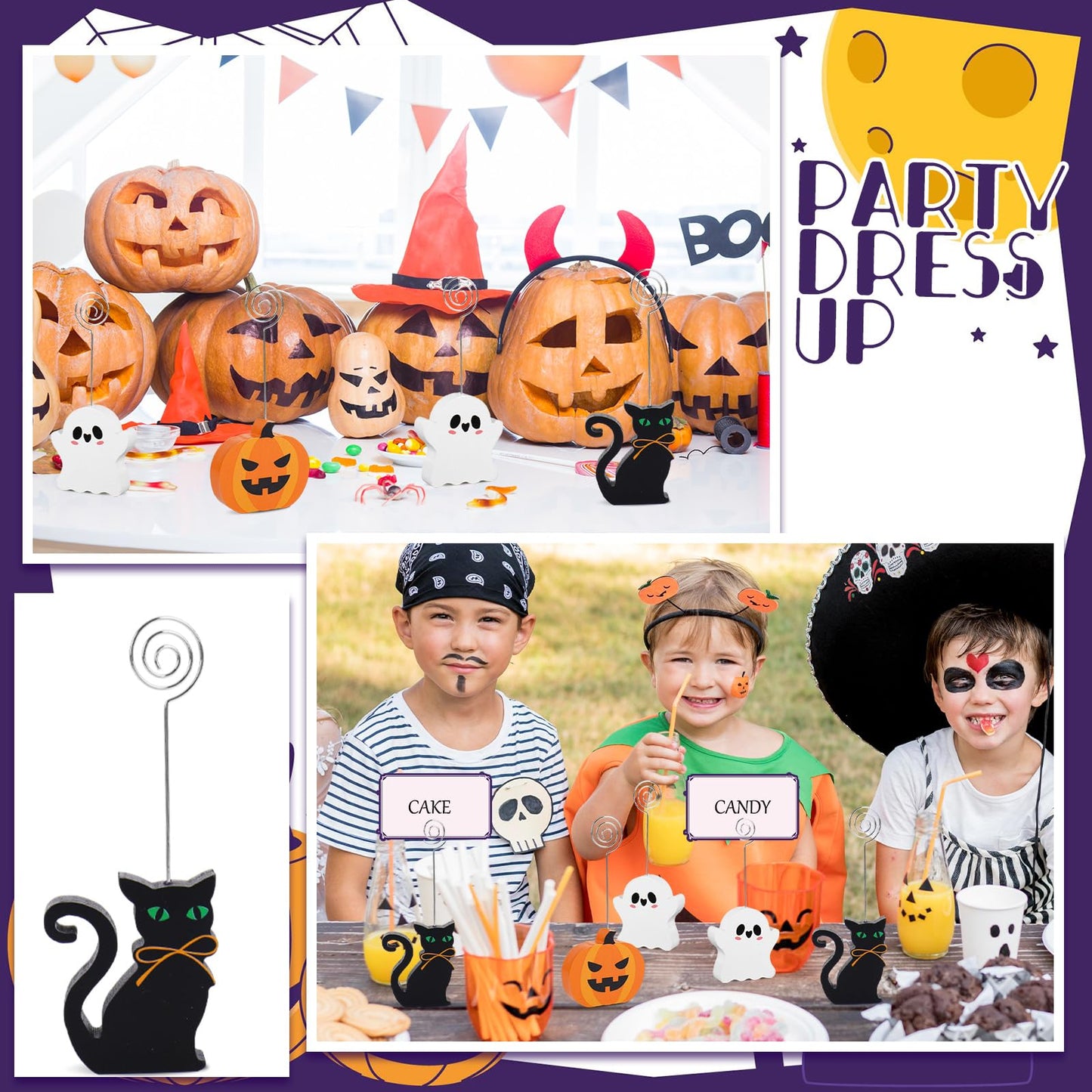 Whaline 12 Pcs Halloween Wooden Place Card Holders Ghost Pumpkin Black Cat Table Number Holder Display Stand for Party Home Office Table Setting Supplies
