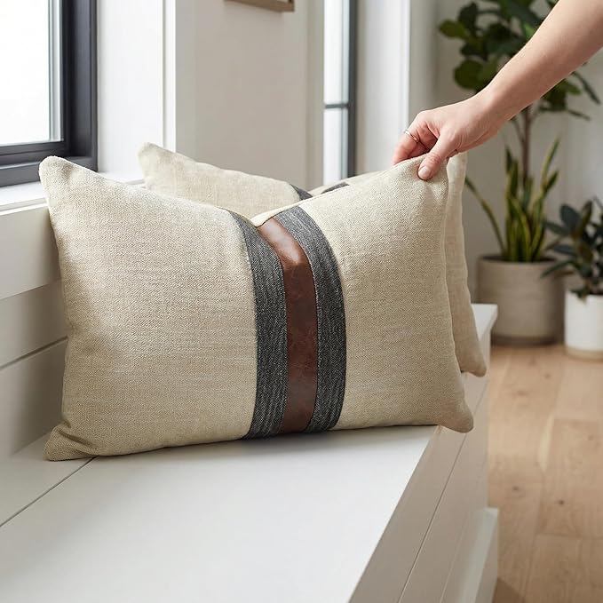 Set of 2 Leather Throw Pillow Covers Lumbar Cotton Linen Decor Patchwork Pillow