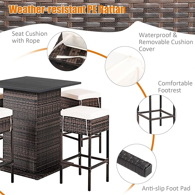 Tangkula 5 Piece Outdoor Rattan Bar Set, Patio Bar Furniture