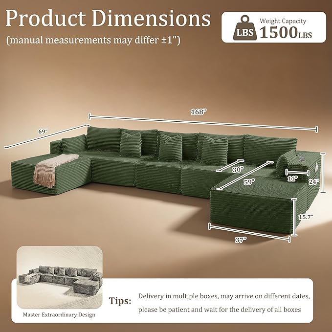 168" Cloud Sectional Couch, Comfort U Shaped Sofa