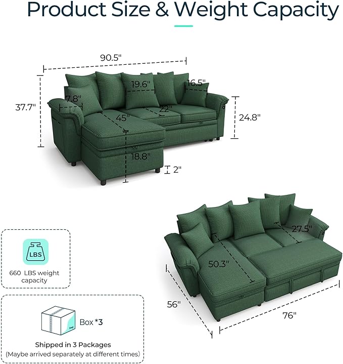 LINSY HOME 90.5'' Sectional Sleeper Sofa
