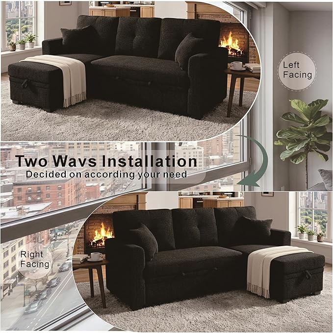 L Shaped Sectional Couch with Storage and Pull Out Bed, 3 Seater Sleeper Sofas