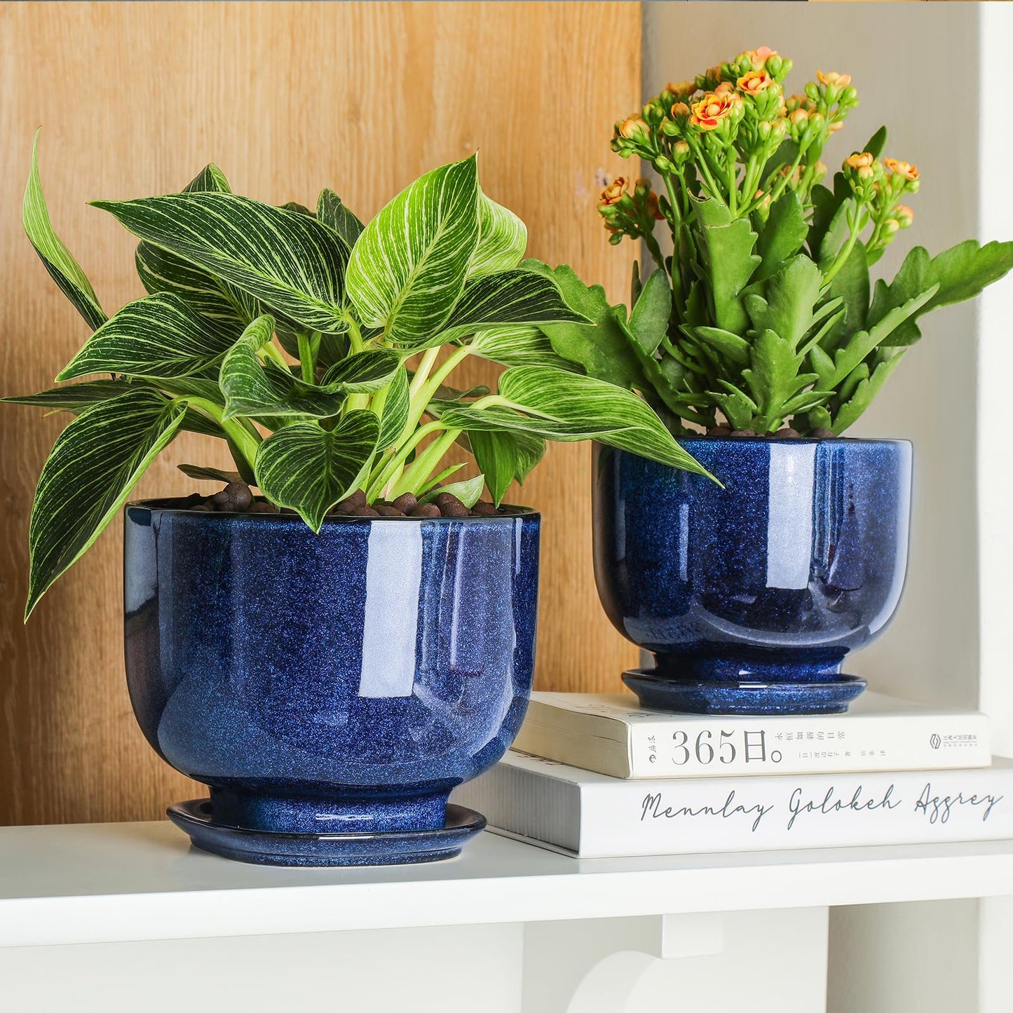 vicrays Ceramic Plant Pots Indoor - 6.8/5.5/4.3 Inch Planter Pot with Drainage Hole and Saucer for Succulent Orchid Flower Herbs Cactus - Gardening Home Desktop Office Decor – Set of 3 Blue