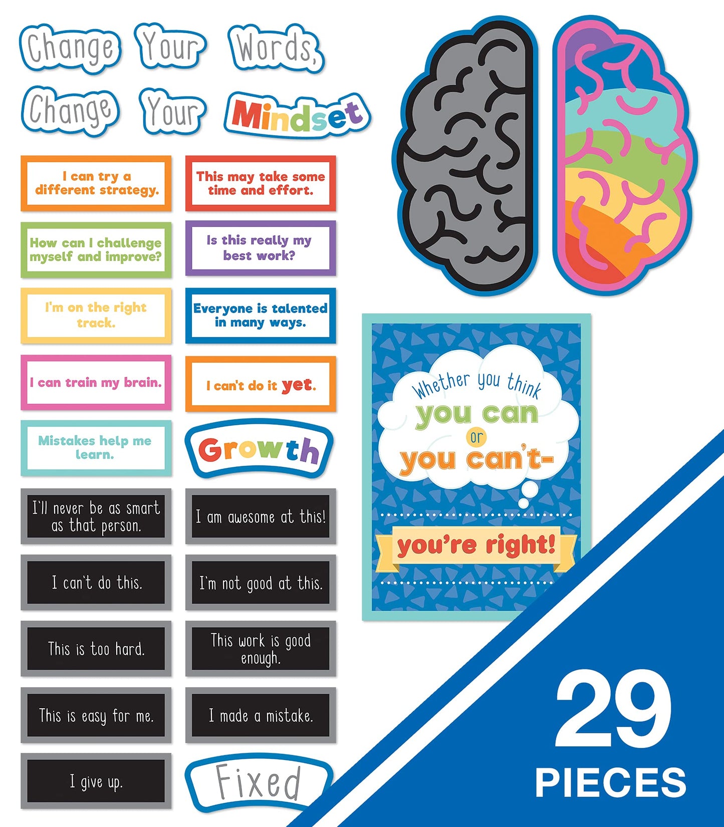 Carson Dellosa 29 pc Growth Mindset Bulletin Board Set, Motivational Poster, 2-Piece Brain With Affirmation Cards, Calm Down Corner Supplies and Classroom Decor