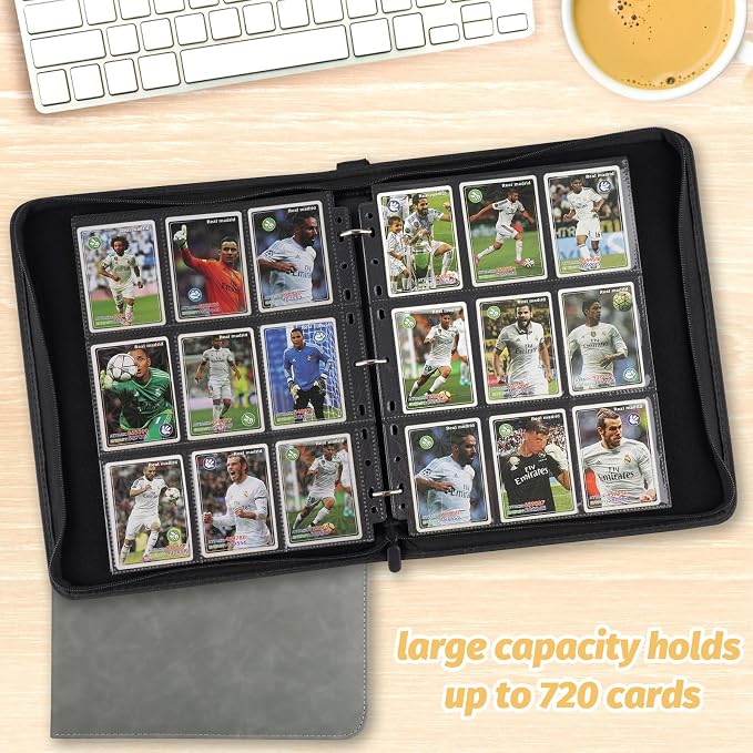GERMUN 3 Ring 9 Pocket Zipper Card Binder, 720 Double Sided Standard PU Trading Card Album Folder for TCG & Sports Cards, Not Fit Top Loaders (Marble Grey)