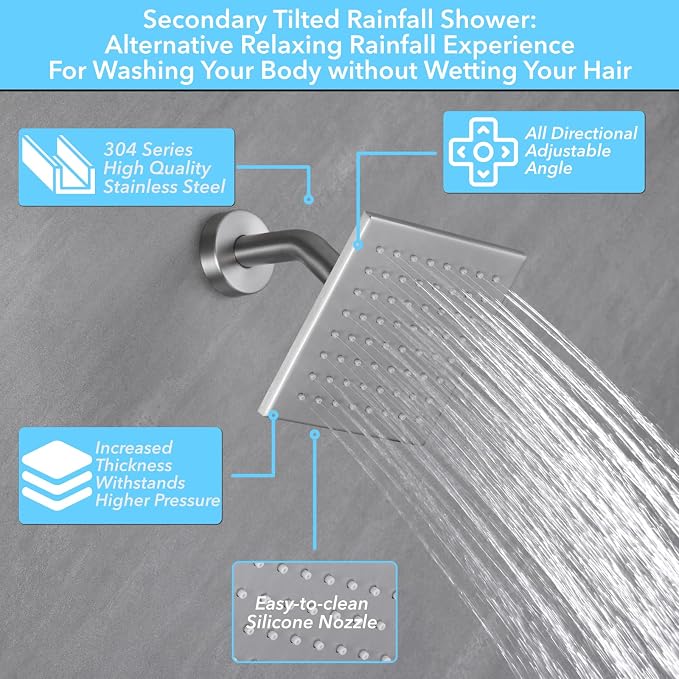 VANFOXLE Shower Faucet Set Brushed Nickel Shower System, Push Button Diverter Shower Faucet with Trim Kit, Ceiling Mount 12 Inch Shower Head Increased Thick, 6 Inch Side Shower Head, 2-in-1 Handheld