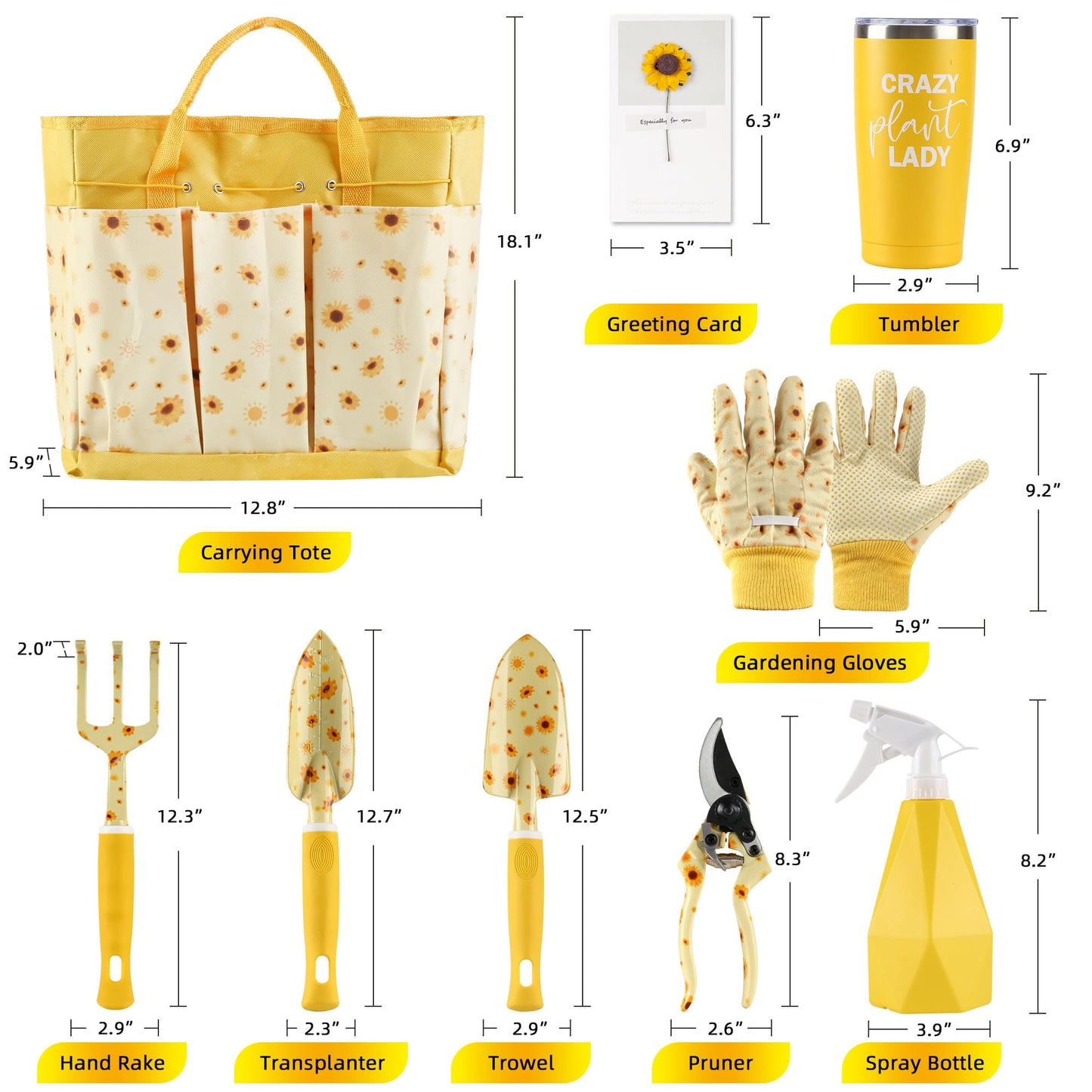 LZPTYYSN Sunflower Gardening Gifts for Women, Garden Tool Set, Heavy Duty Gardening Hand Tools with Garden Tool Bag,Yellow