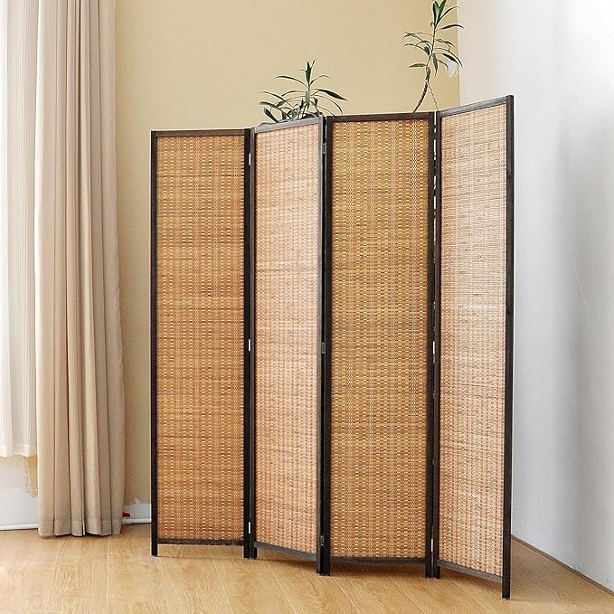 4 Panel Bamboo Room Divider Screen, 5.6 FT Tall Bamboo Divider Folding Panel