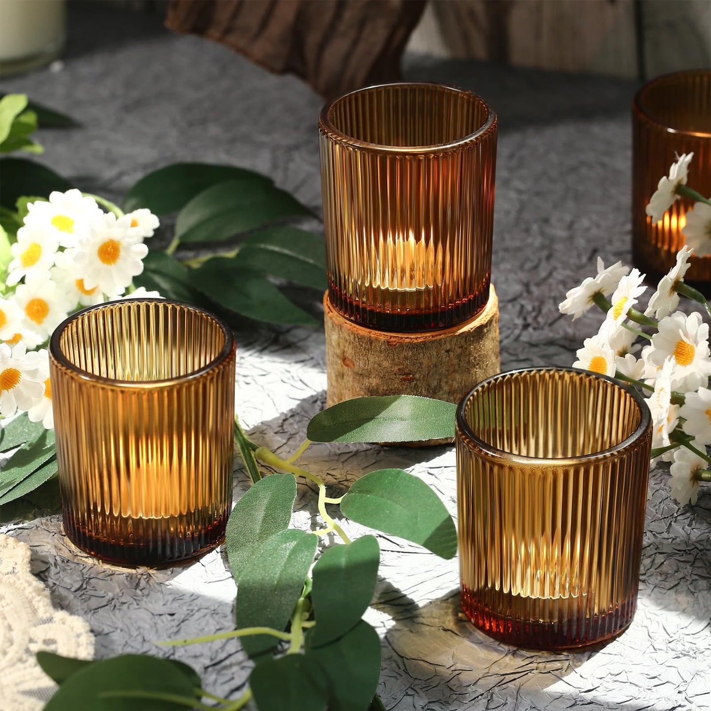 24 Pack Amber Votive Candle Holders Thanksgiving Decor, Glass Small Tea Lights Candle Holders for Table Centerpiece for Home Decor Party Fall Boho Decor(24,Amber)