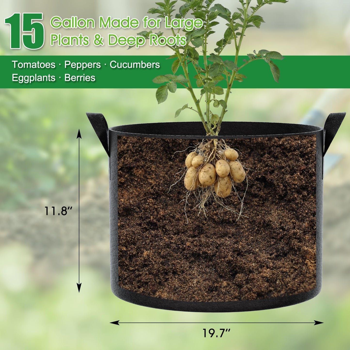 FEED GARDEN 15 Gallon Grow Bags 4 Pack – Heavy Duty 300G Thick Fabric Plant Pots with Reinforced Handles, Breathable Drainage Planters for Tomatoes, Potatoes & Large Vegetables Indoor Outdoor