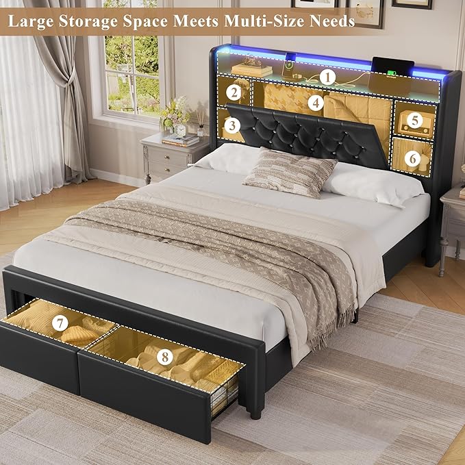 Queen Bed Frame with Drawers, Hidden-Cubby & Shelves Storage Headboard with