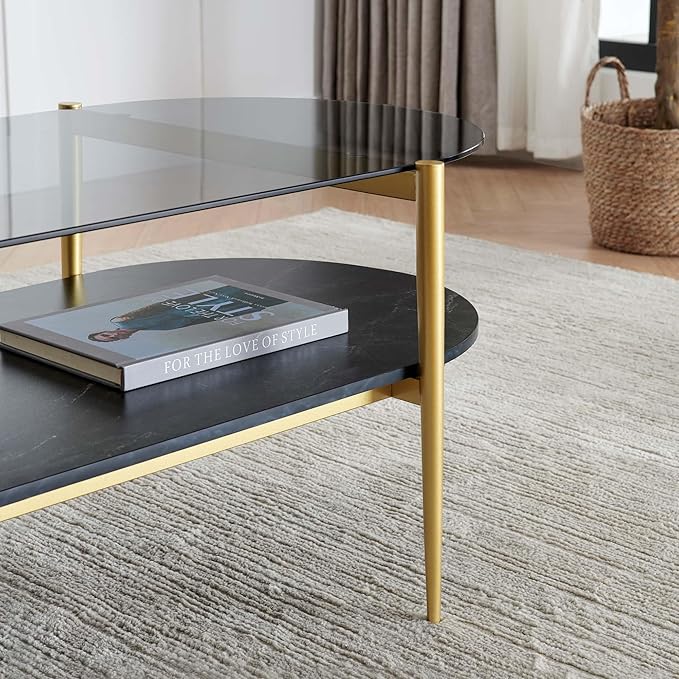 LumFurn Oval Glass Coffee Table, Mid-Century Modern Design, L41 x W21 x H17 inch