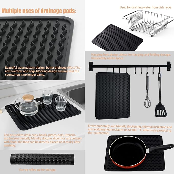 NiuYichee Stainless Steel Dish Drying Rack(14.2"L x 9.5"W x 4.1"H), Expandable Fruit & Vegetable Drain Rack over Sink, Dish Drainer Rack in Sink, with Stainless Steel Utensil Holder & 16" Silicone Mat