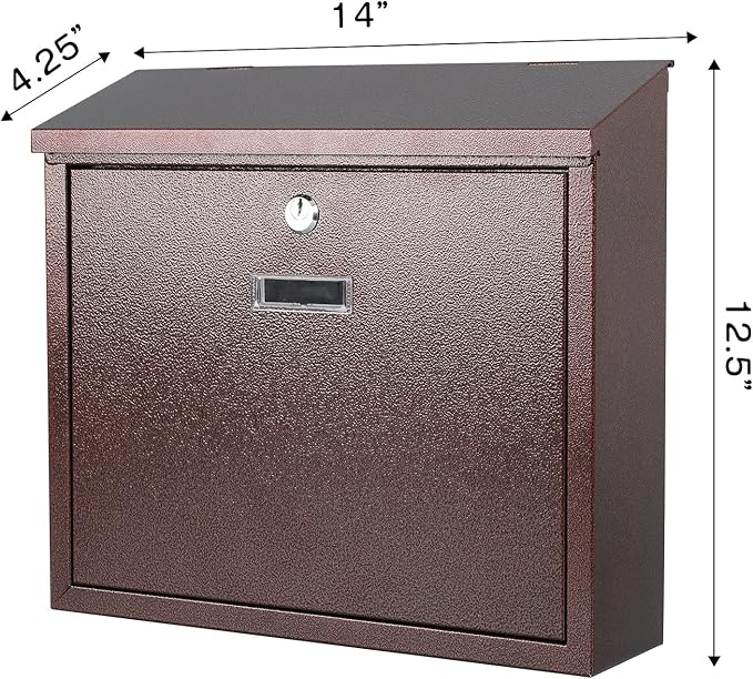 xydled Mail Boxes with Key Lock,Locking Mailbox Wall Mounted, Large Capacity, Galvanized Steel Cover Metal Postbox for House, 14 X 12.5 X 4.25 Inch,Bronze