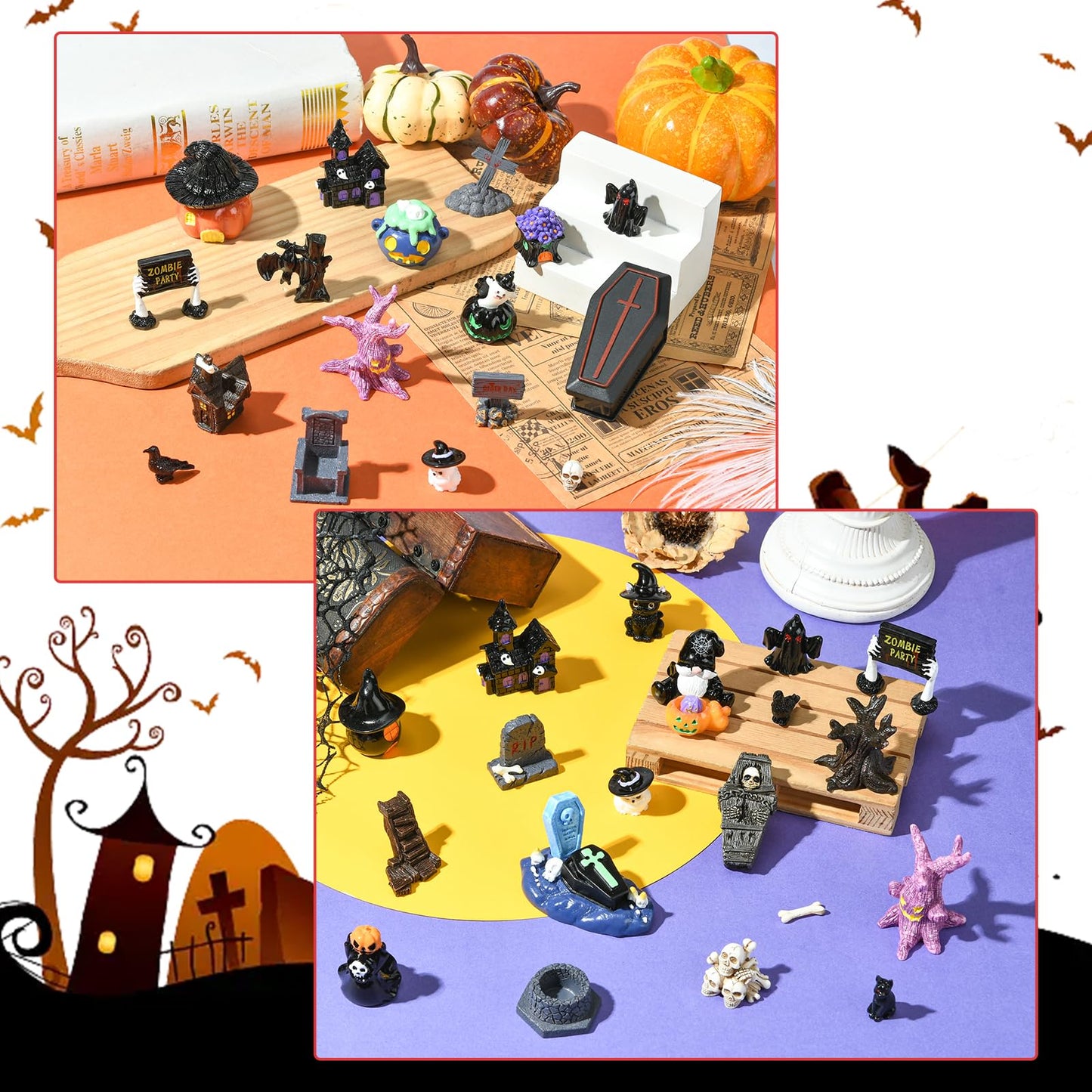 WEWAYSMILE 30Pcs Halloween Miniatures Figurines Mini Resin Pumpkins Skulls Ghost Figurines Tiny Coffin Halloween Village Figurine for Tabletop House Accessories Party Prop Decor
