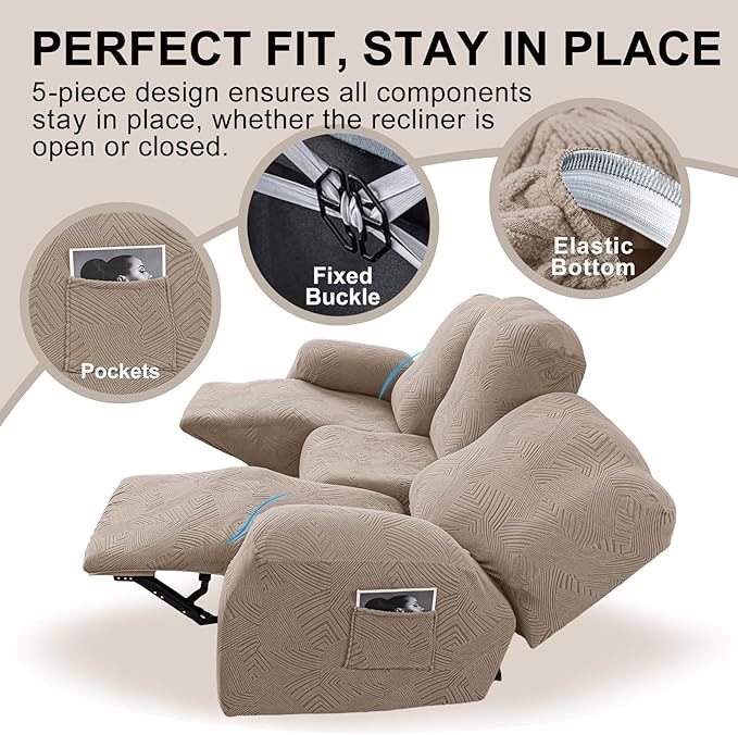 5-Piece Recliner Sofa Covers, Stretch Geometric Strokes Jacquard Recliner Sofa