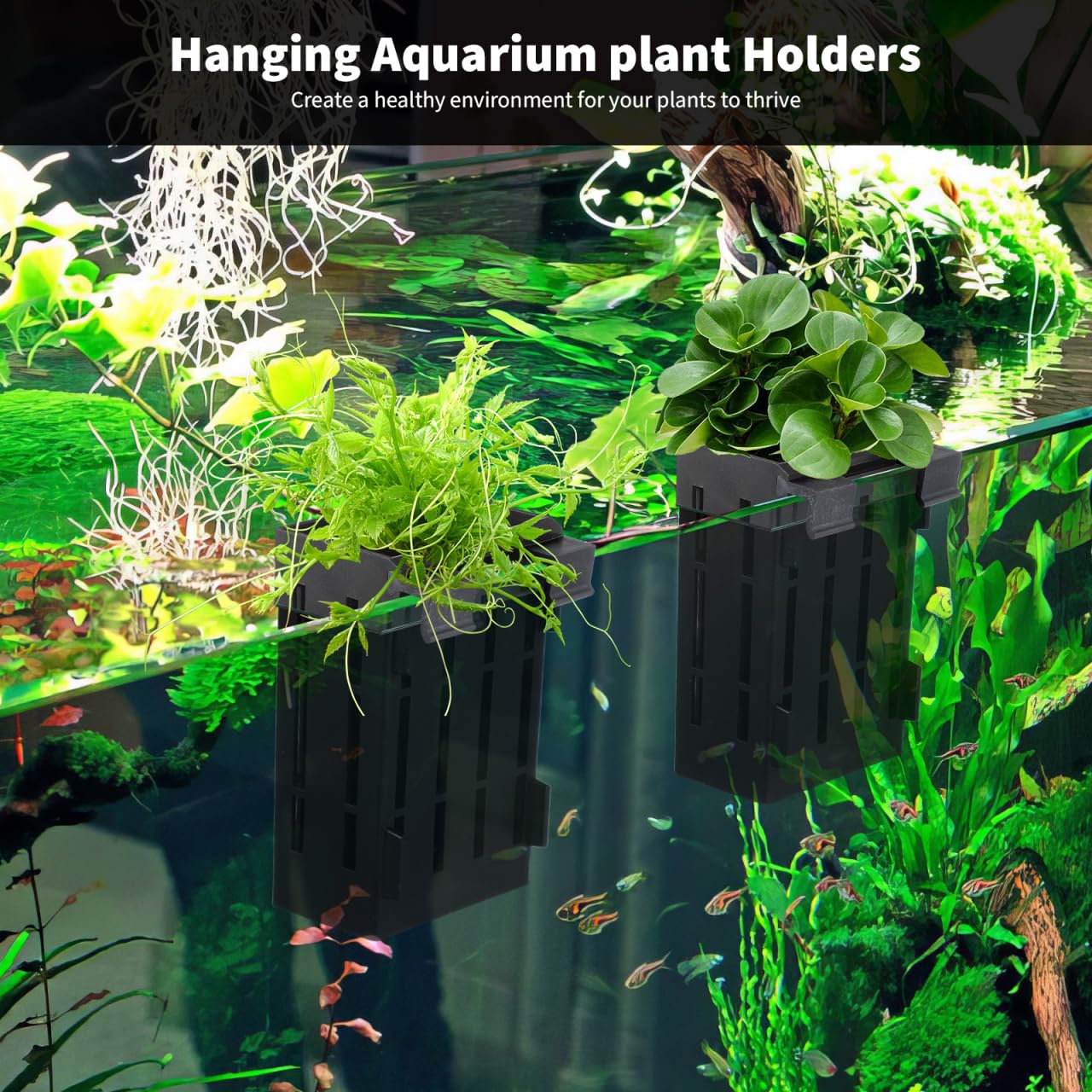 Ipetboom Hanging Aquarium Plant Holder 4-Pack Plastic Aquatic Planters 4.92X3.14X2.16In with Multiple Drainage Holes for Fish Tank Decoration and Aquatic Plant Growth