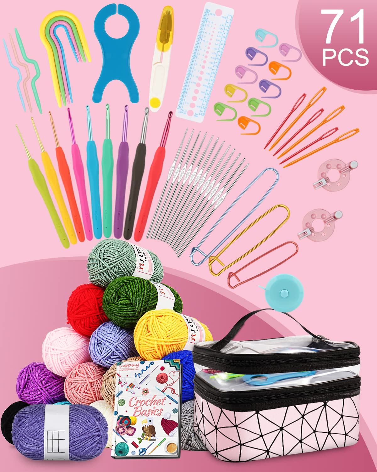 Coopay Crochet Kit for Beginner Adult Kids, 16 Colors Yarn, Portable, Double-Layer Case, Suitable for Kids & Adults