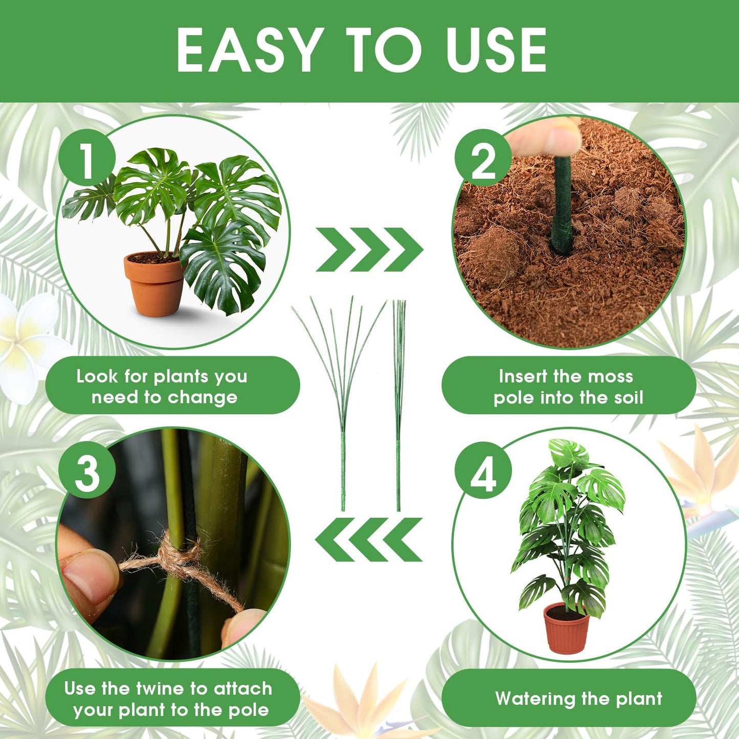 6 Pack 17'' Climbing Plant Support Stakes Moss Pole Monstera Plant Climbers Trellis Plants Stem Supports for Indoor Outdoor Climbing Potted Plants Flower Grow Upwards Green