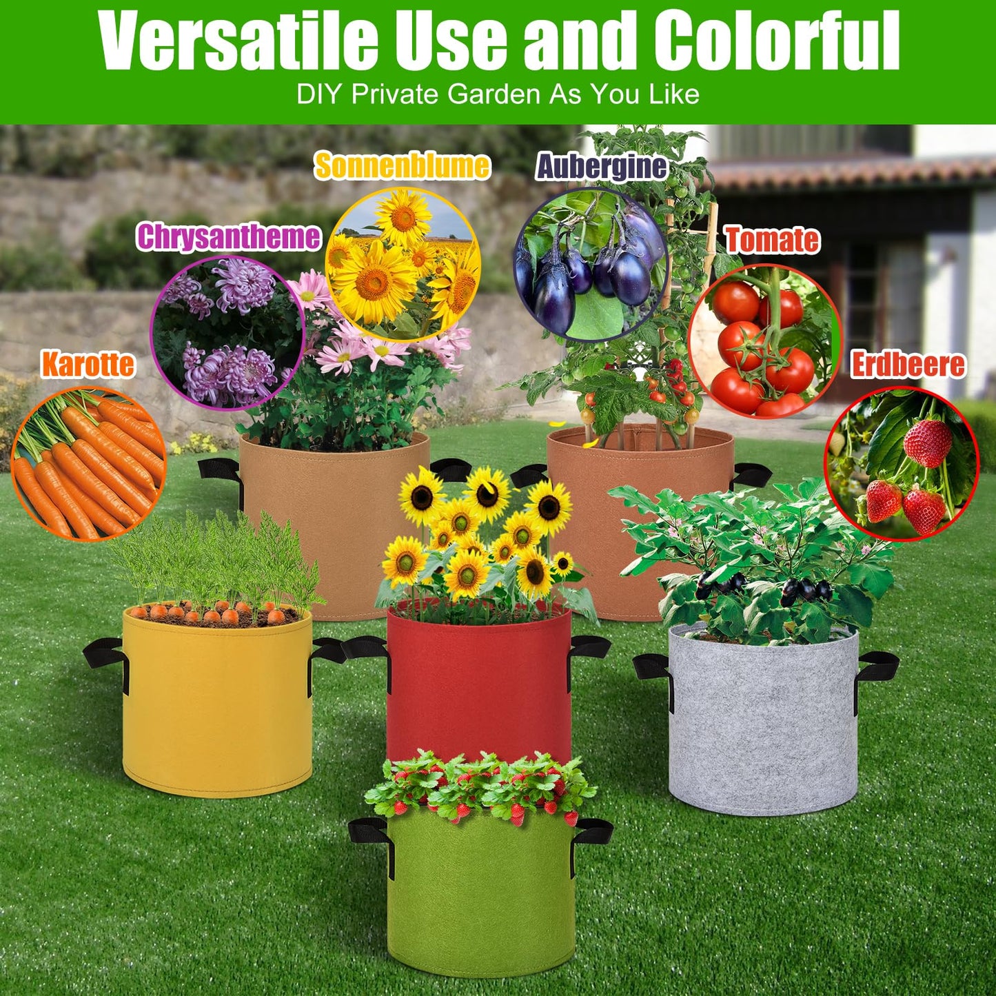 Florelf 6-Pack Fabric Grow Bags 3 Gallon – Colorful 300G Thickened Nonwoven Planter Pots with Sturdy Handles, Breathable Garden Bags for Vegetables, Potato, Flowers