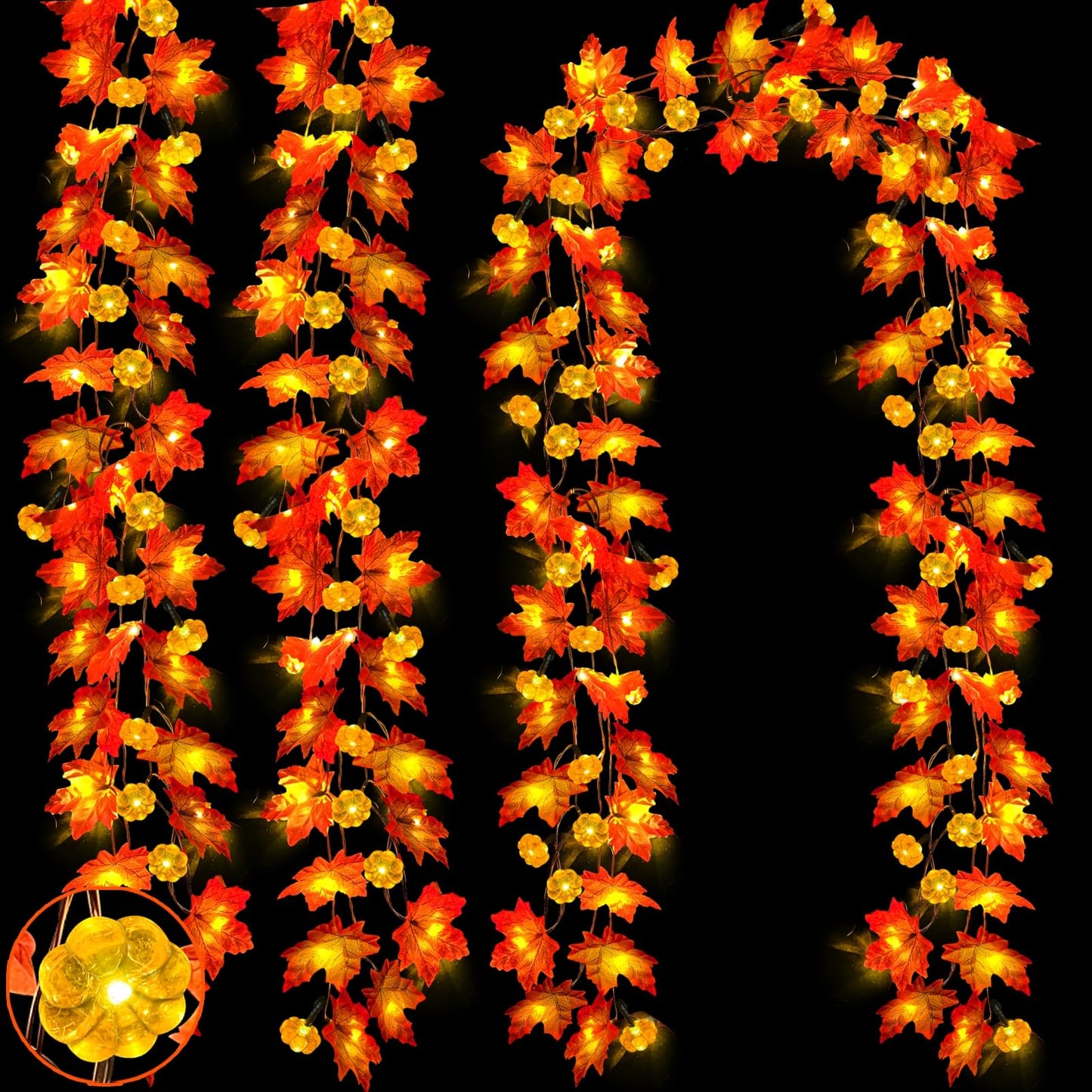 3 Pack & Timer Fall Decor Fall Garland with Pumpkin Lights Fall Decorations for Home, 30Ft 60LED Patented Enlarged Maples Leaves Battery Operated Pumpkin Garland Indoor Outdoor Halloween Decorations
