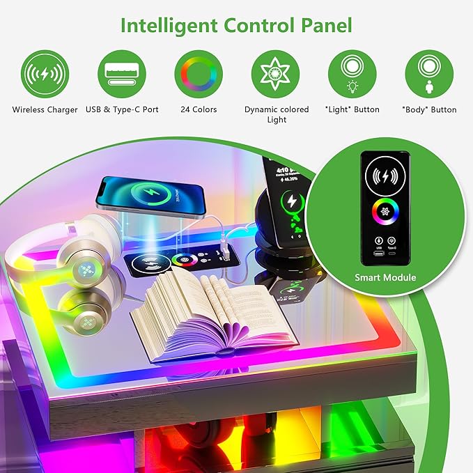 HNEBC RGB Nightstand with Wireless Charging Station, LED Night Stand with
