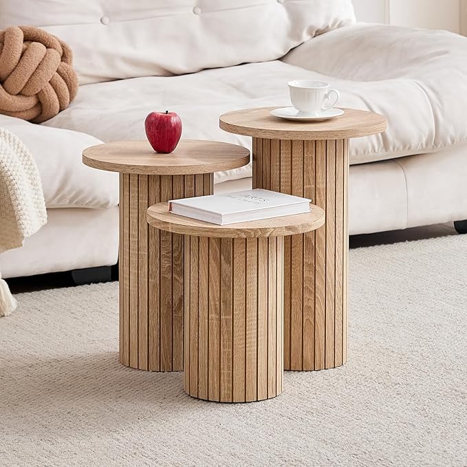 Round Side Tables Set of 3, Circle Modern Fluted Nesting Coffee Table, Accent