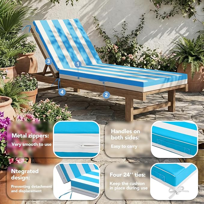 L'AGRATY Outdoor Lounge Chaise Cushion: 72x21x3 Inch Waterproof Lounge Chair
