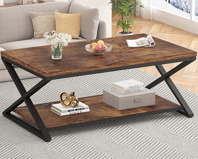 HSH Rustic Coffee Table with Storage Shelf, Industrial Metal Wood Living Room